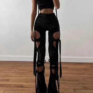 Y2K Grunge Flare Pants - Lace-Up High Waist Streetwear