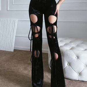 Y2K Grunge Flare Pants - Lace-Up High Waist Streetwear