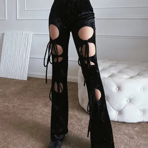 Y2K Grunge Flare Pants - Lace-Up High Waist Streetwear