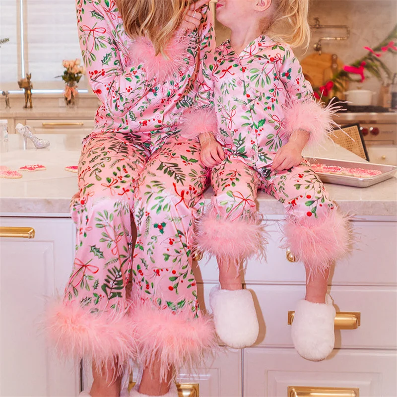 Y2K Grunge Floral Print Pajama Set with Feather Trim