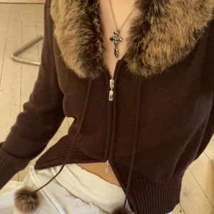 Y2K Grunge Fur Knitted Double Zipper Vintage Cropped Coat Women Harajuku Aesthetic Cute Chic Jumpers