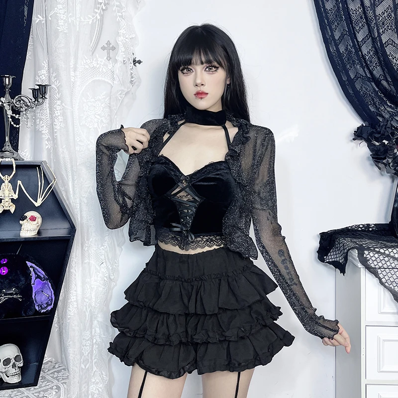 Y2K Grunge Goth Dark Fairycore Glitter E-girl Thin Cardigan Elegant Coats Gothic See Through Ruched