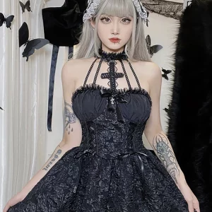 Y2K Grunge Gothic A-Line Dress Punk Partywear Halloween Club Outfit