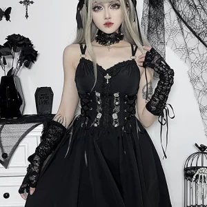 Y2K Grunge Gothic Aesthetic Bandage Corset Dress - Black Embroidery Emo Goth Dark Lolita Women