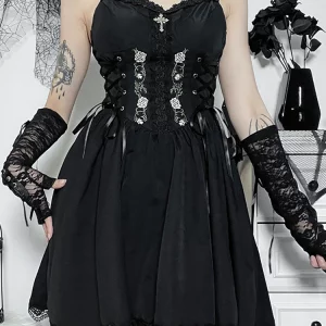 Y2K Grunge Gothic Aesthetic Bandage Corset Dress - Black Embroidery Emo Goth Dark Lolita Women