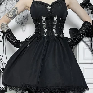 Y2K Grunge Gothic Aesthetic Bandage Corset Dress - Black Embroidery Emo Goth Dark Lolita Women