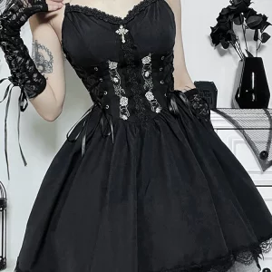 Y2K Grunge Gothic Aesthetic Bandage Corset Dress - Black Embroidery Emo Goth Dark Lolita Women