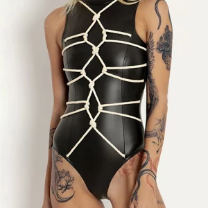 Y2K Grunge Gothic Faux Leather Bodysuit - Punk Cyber Streetwear