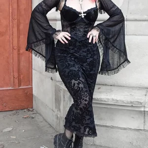 Y2K Grunge Gothic Lace Midi Dress - Dark Mall Aesthetic