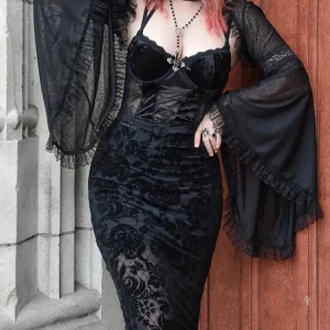 Y2K Grunge Gothic Lace Midi Dress - Dark Mall Aesthetic