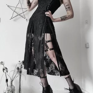 Y2K Grunge Gothic Lace Midi Dress - Punk Partywear