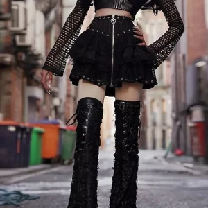 Y2K Grunge Gothic Lace Patchwork Pleated Mini Skirt - Punk Streetwear Aesthetic