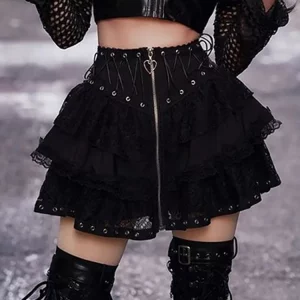 Y2K Grunge Gothic Lace Patchwork Pleated Mini Skirt - Punk Streetwear Aesthetic