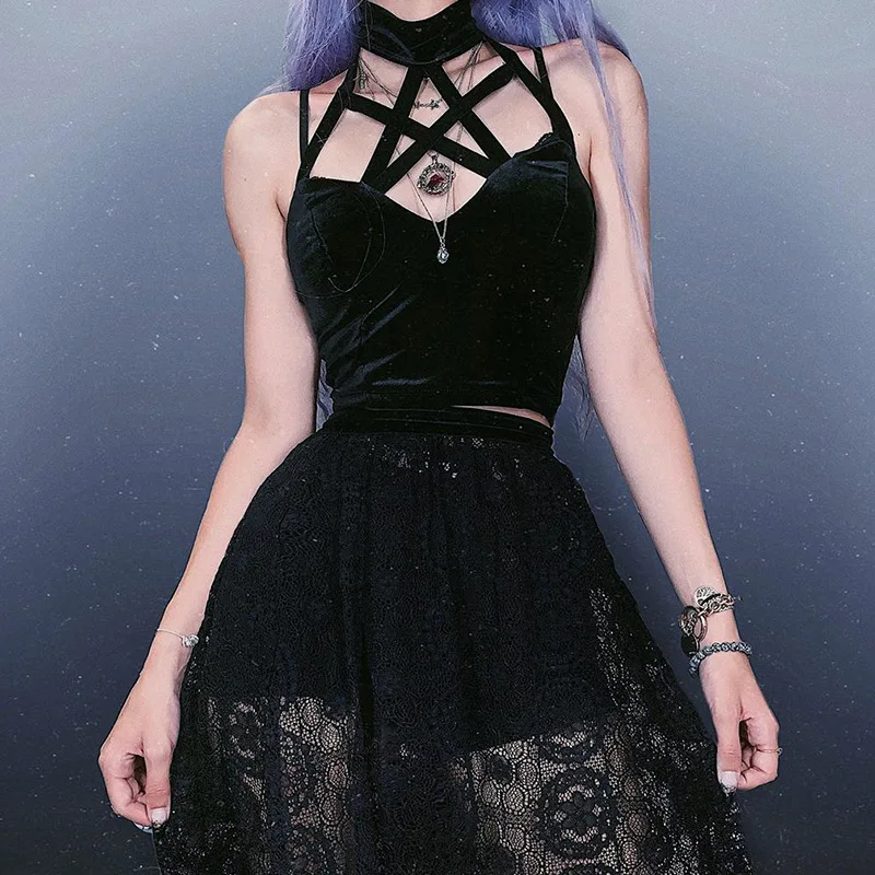 Y2K Grunge Gothic Lace-Up Black T-Shirt - Vintage Patchwork Camis Top