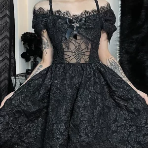 Y2K Grunge Gothic Mesh A-line Dress - Harajuku Partywear Lace Hem - Lolita Cute Women's Out