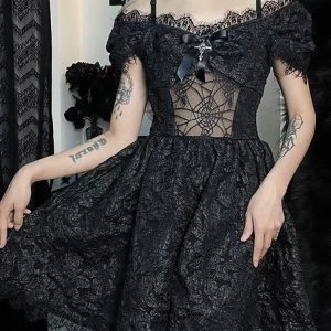 Y2K Grunge Gothic Mesh A-line Dress - Harajuku Partywear Lace Hem - Lolita Cute Women's Out