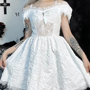 Y2K Grunge Gothic Mesh A-line Dress - Harajuku Partywear Lace Hem - Lolita Cute Women's Out