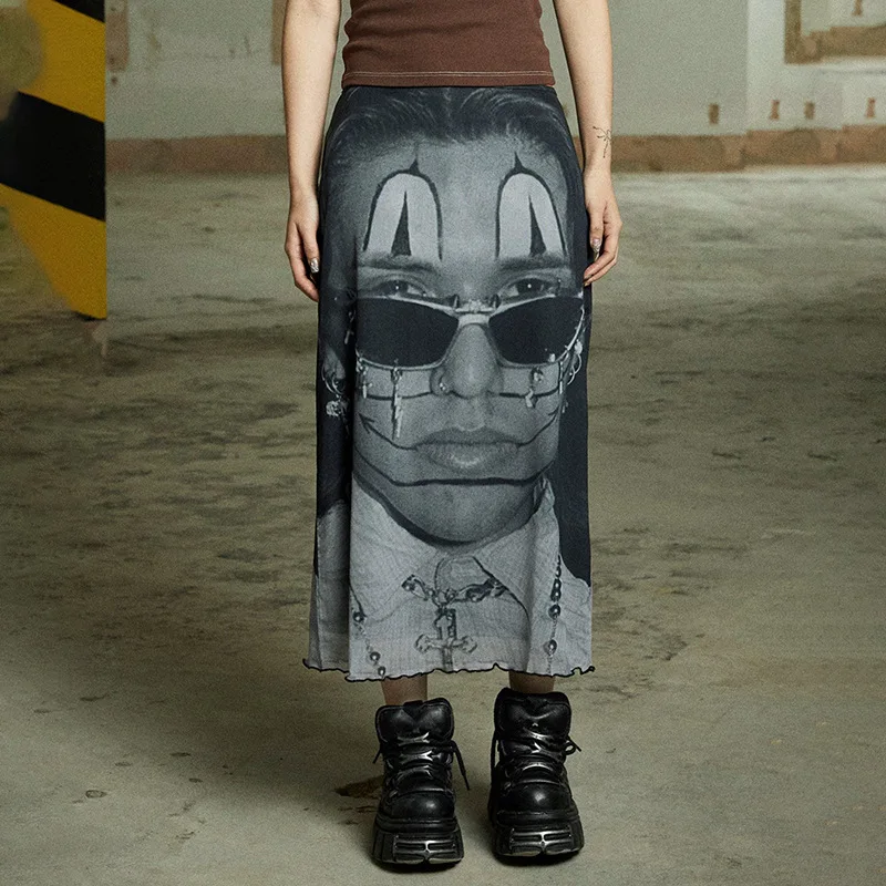 Y2K Grunge Gothic Mesh Graphic Print Midi Skirt - Streetwear Aline Ruffle Fashion