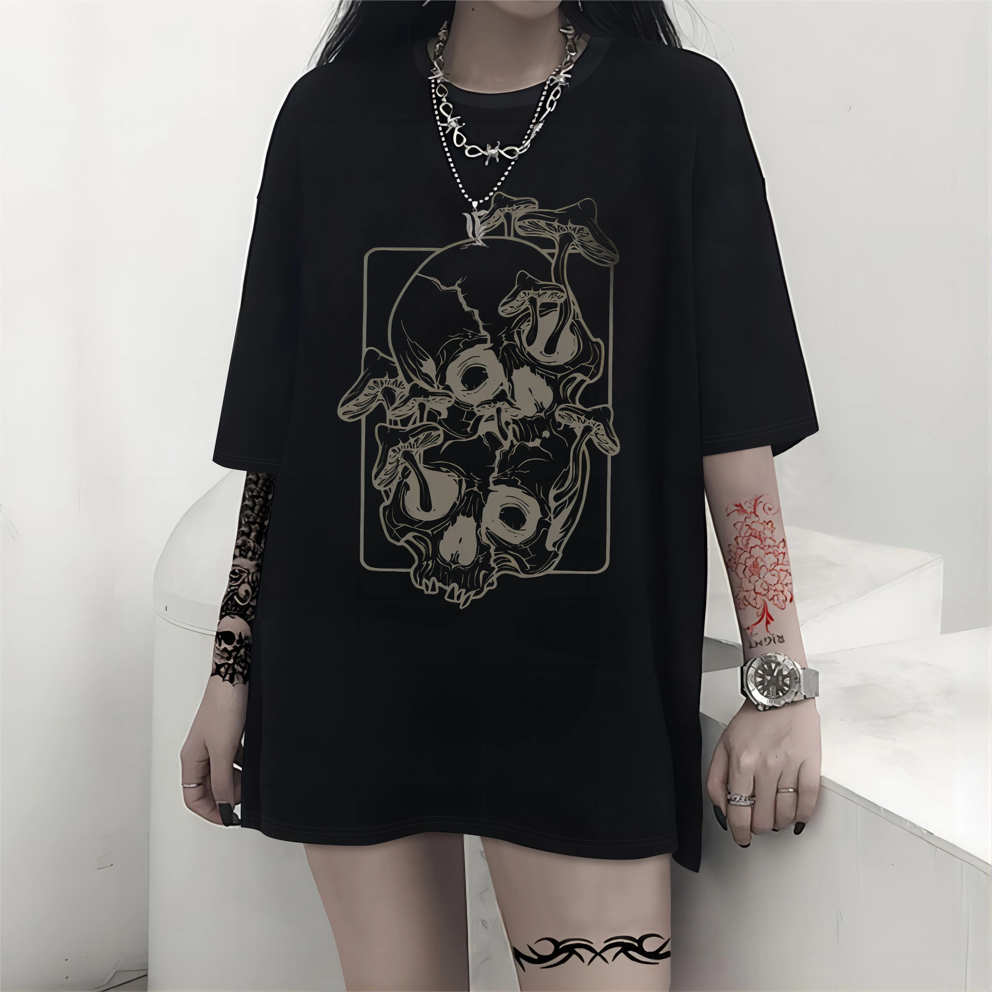 Y2K Grunge Gothic Mushroom Skull Oversize T-Shirt