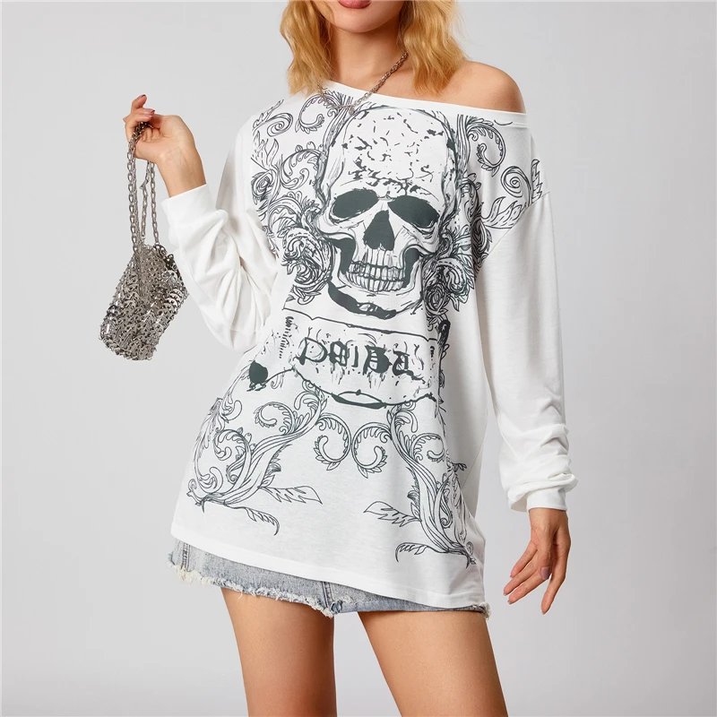 Y2K Grunge Gothic Punk Skull Print Long Sleeve Tee - Women's Streetwear