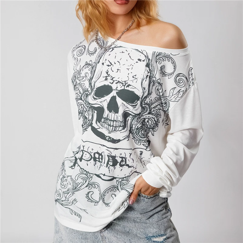 Y2K Grunge Gothic Punk Skull Print Long Sleeve Tee - Women's Streetwear