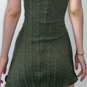 Y2K Grunge Gothic Retro Mini Dress - Dark Knitted Fairy Green A-Line Halter Hem Outfit