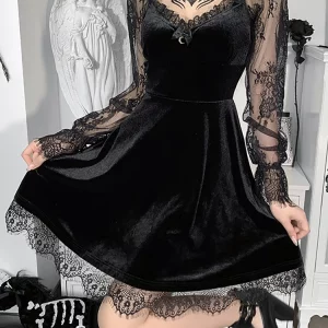 Y2K Grunge Gothic Vintage Lace Patchwork Dress - Long Sleeve A-line Partywear