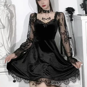 Y2K Grunge Gothic Vintage Lace Patchwork Dress - Long Sleeve A-line Partywear