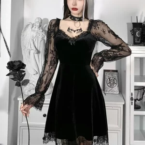 Y2K Grunge Gothic Vintage Lace Patchwork Dress - Long Sleeve A-line Partywear