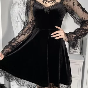 Y2K Grunge Gothic Vintage Lace Patchwork Dress - Long Sleeve A-line Partywear