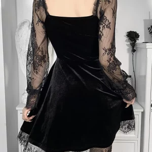 Y2K Grunge Gothic Vintage Lace Patchwork Dress - Long Sleeve A-line Partywear