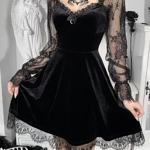 Y2K Grunge Gothic Vintage Lace Patchwork Dress - Long Sleeve A-line Partywear