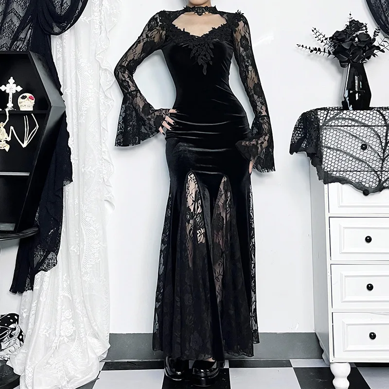 Y2K Grunge Gothic Vintage Lace Trumpet Dress - Punk V-neck Evening Alt Wear