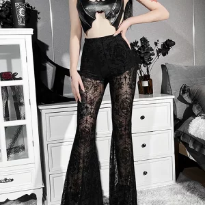 Y2K Grunge Gothic Vintage Mesh Flare Pants High Waist Women Trousers Punk Alt Fashion