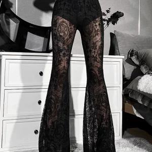 Y2K Grunge Gothic Vintage Mesh Flare Pants High Waist Women Trousers Punk Alt Fashion