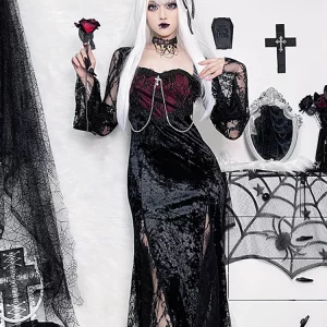 Y2K Grunge Gothic Women's Evening Dress - Elegant Mall Aesthetic E-girl Midi Dress with Lace Splice