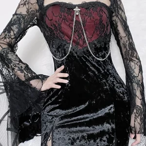 Y2K Grunge Gothic Women's Evening Dress - Elegant Mall Aesthetic E-girl Midi Dress with Lace Splice