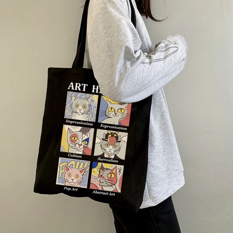 Y2K Grunge Harajuku Cat Print Tote Bag - Retro Anime Style Shopping Bag