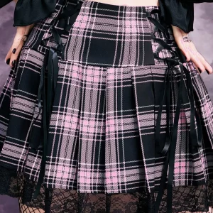 Y2K Grunge Harajuku Plaid High Waist Mini Skirt - Pastel Gothic Lace Hem E-girl Streetwear