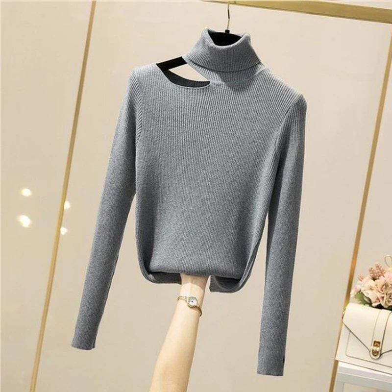 Y2K Grunge Hollow Out Turtleneck Sweater - Korean Long Sleeve Ribbed Knit Casual Top