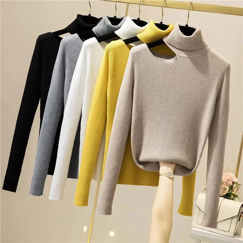 Y2K Grunge Hollow Out Turtleneck Sweater - Korean Long Sleeve Ribbed Knit Casual Top