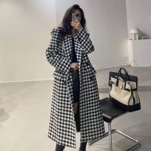 Y2K Grunge Houndstooth Wool Jacket - Korean Elegant Single Breasted Overcoat