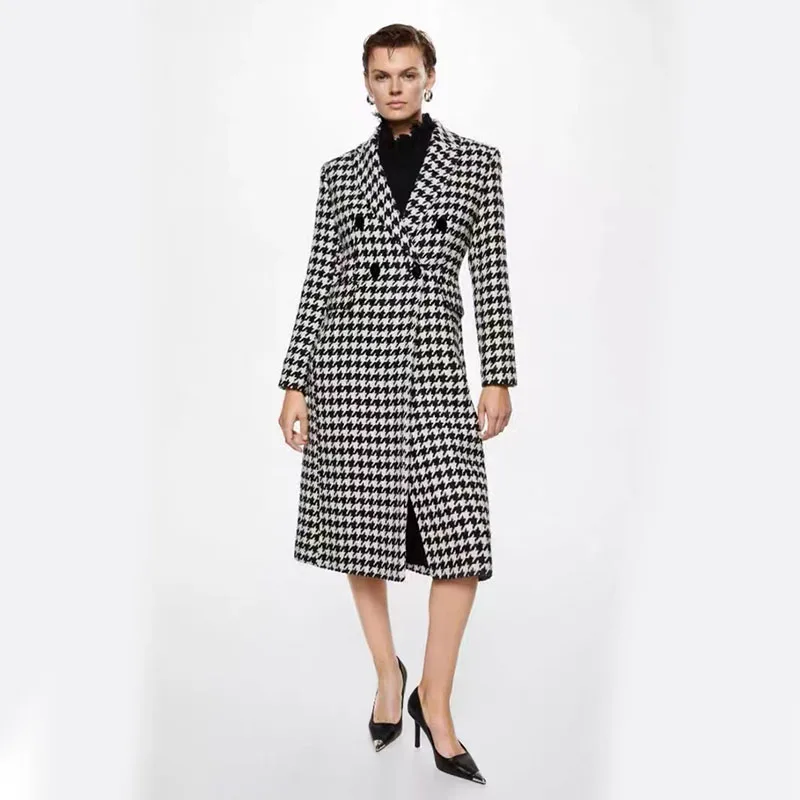 Y2K Grunge Houndstooth Wool Jacket - Korean Elegant Single Breasted Overcoat