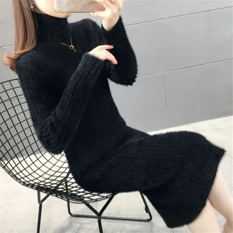 Y2K Grunge Knit Midi Dress - Mink Fleece Turtleneck Pullover - Elegant Slim Solid Office