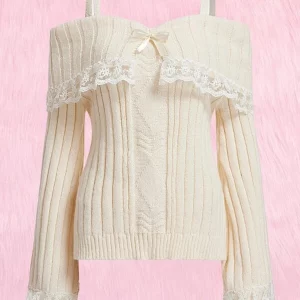 Y2K Grunge Knit Pullover with Lace Detail - Cold Shoulder Long Sleeve Jumper