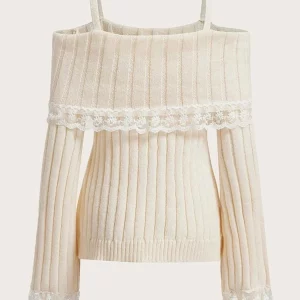 Y2K Grunge Knit Pullover with Lace Detail - Cold Shoulder Long Sleeve Jumper