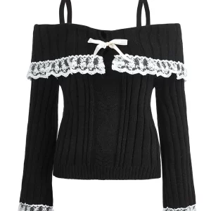 Y2K Grunge Knit Pullover with Lace Detail - Cold Shoulder Long Sleeve Jumper