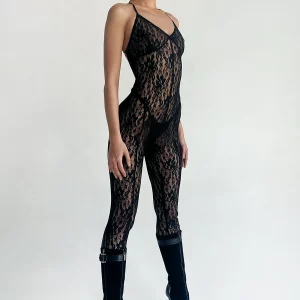 Y2K Grunge Lace Backless Jumpsuit - Sheer Mesh Bodycon Night Romper