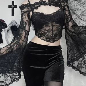 Y2K Grunge Lace Blouse Shrug Top - Gothic Emo Sheer Sexy Alt Crop Off Shoulder Flare Sleeve