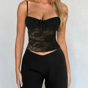 Y2K Grunge Lace Cami Top - Sexy Clubwear with Tie Front Spaghetti Strap